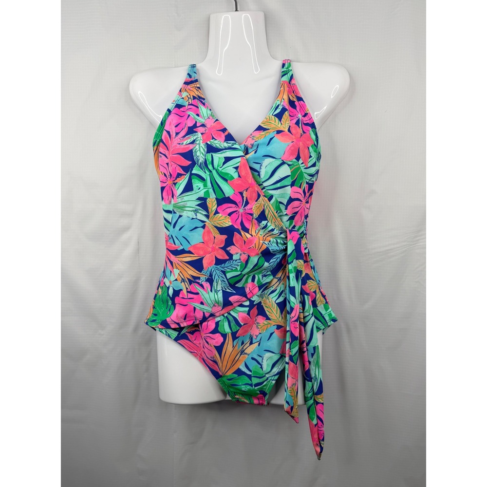 Member's Mark Small Tropical Floral One Piece Swimsuit Wrap Tie Blue Pink